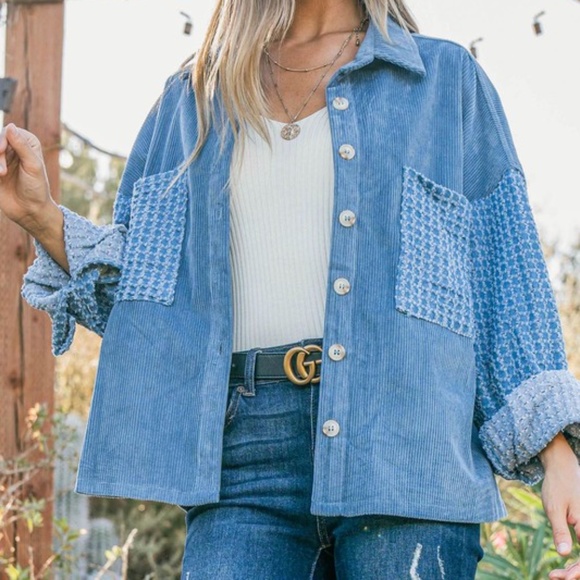 031 Cozy Corduroy Pockets Button Down Denim Jacket Shacket - Picture 10 of 12